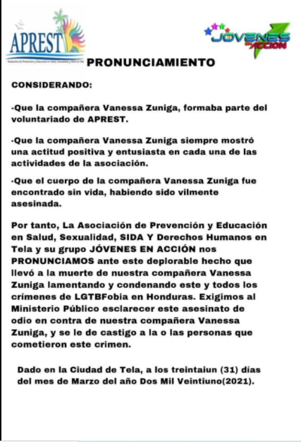 APREST subió a su página de Facebook este comunicado lamentando la muerte de Vanessa. 
