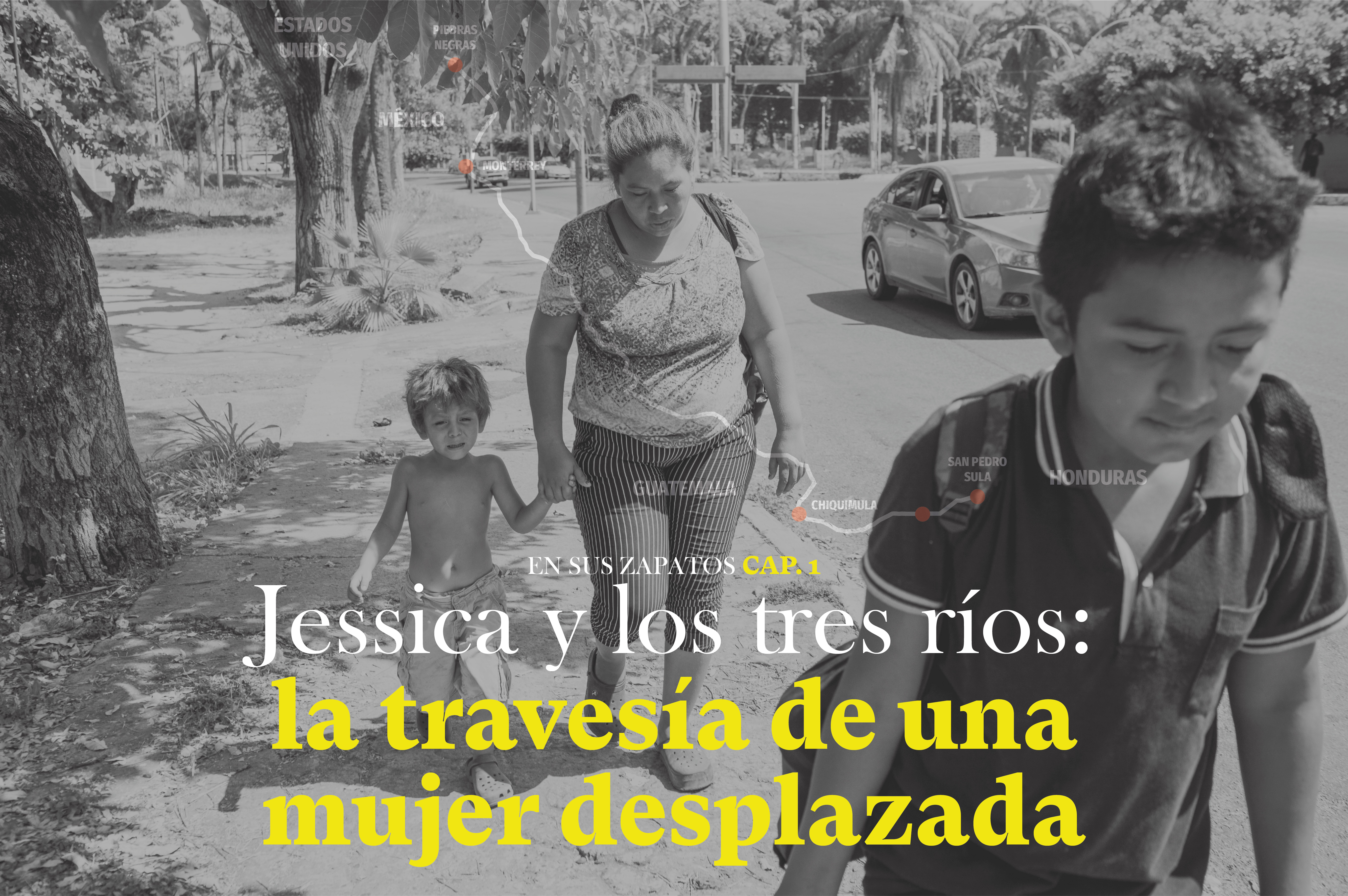 Jessica y los tres ríos - la travesía de una mujer desplazada desde Honduras. Foto: Nicolò Filippo Rosso Ilustración: Dennis Arita 