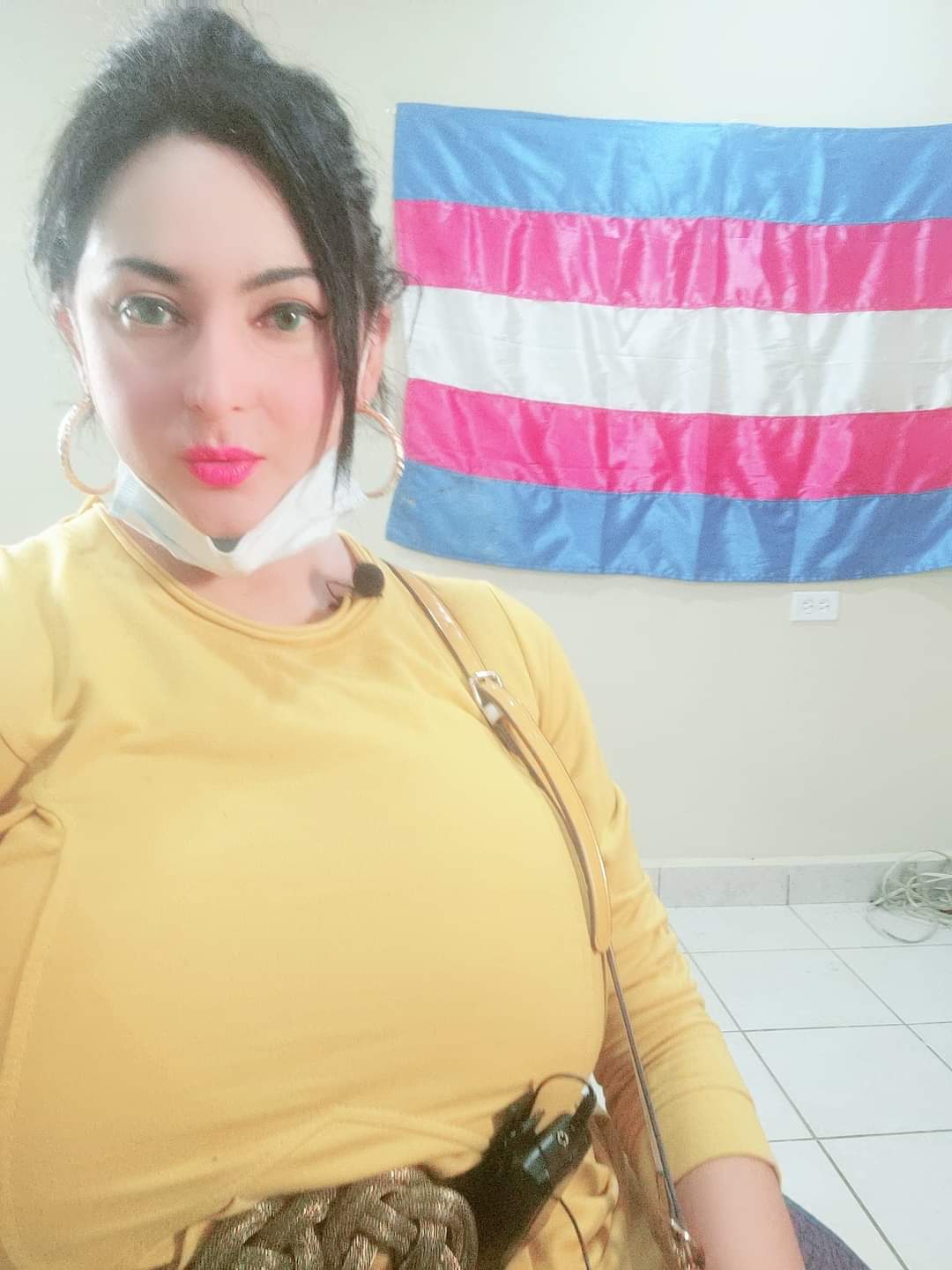 Vienna posa frente a la bandera trans.
