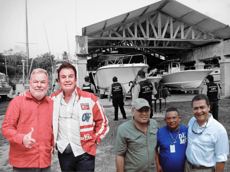 Roberto Contreras junto al presidenciable liberal, Salvador Nasralla. En la imagen de fondo la narcolancha decomisada a Giovanny Fuentes. En la otra imagen el expresidente, Juan Orlando Hernández junto al empresario de Choloma.
