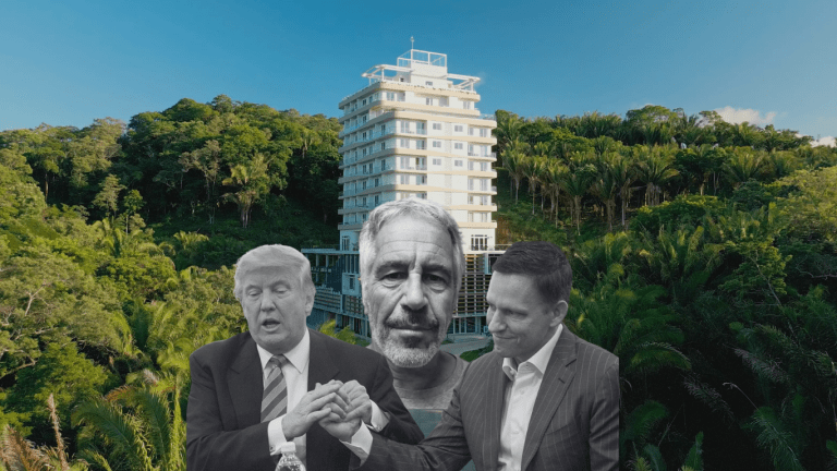 Imagen de Prospera, Donald Trump, Peter Thiel y Jeffrey Epstein.