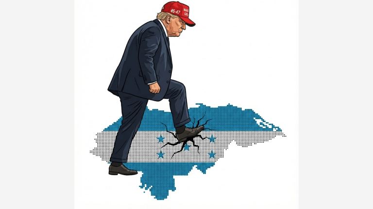 Imagen del presidente Donald Trump pisoteando el territorio de Honduras.